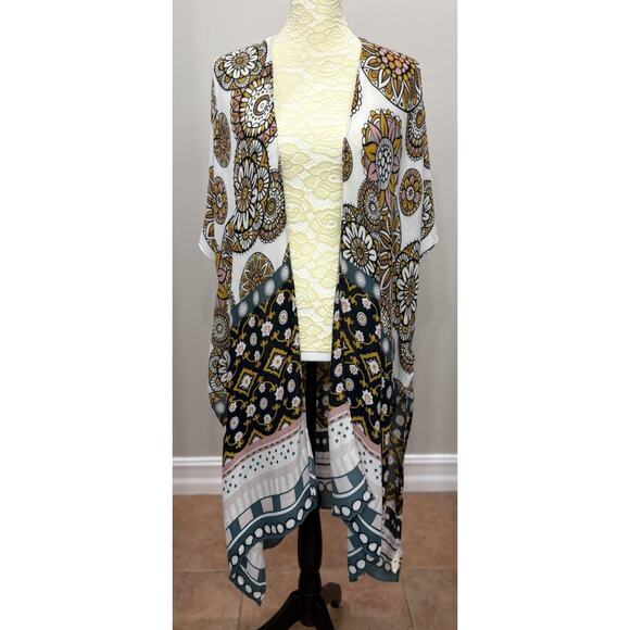 ComfyLuxe Pink Yellow Print 70's Vibe Lightweight Kimono Duster Boho Whimsigoth - Picture 1 of 9